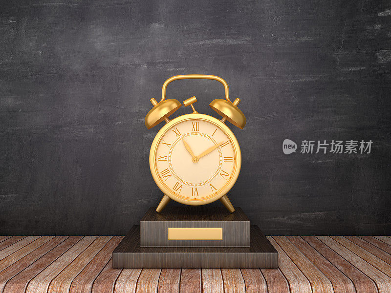 奖杯与时钟在木地板-黑板背景- 3D渲染